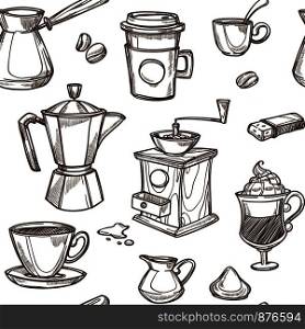 Coffee makers and cups sketch pattern. Vector retro and modern seamless background of Turkish cezve, steam cappuccino glass and hot chocolate, coffee bean grinder and candy and cookie with milk pitcher. Coffee makers vector sketch retro pattern
