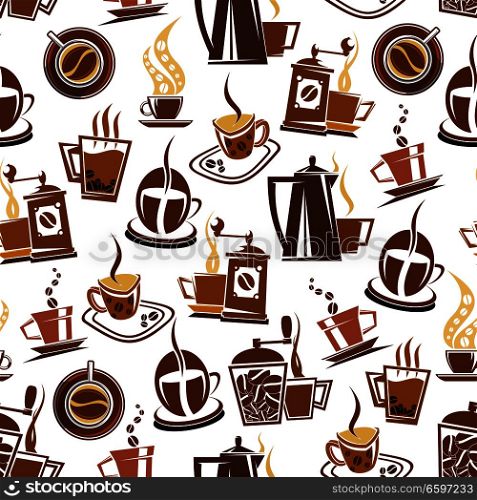 Coffee makers, cups and beans seamless pattern. Vector background of espresso, americano or cappuccino and hot chocolate mug for cafe or cafeteria and coffeehouse menu design. Vector seamless pattern of coffee