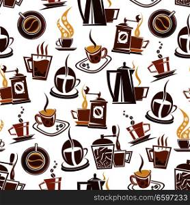 Coffee makers, cups and beans seamless pattern. Vector background of espresso, americano or cappuccino and hot chocolate mug for cafe or cafeteria and coffeehouse menu design. Vector seamless pattern of coffee