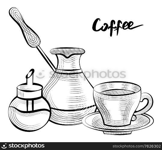 Coffee making ingredients and tools vector, isolated cezve and sugar container, cup with plate. Turkish pot for brewing caffeine beverages drinks sketch. Coffee Pot and Cup with Sugar Container Set Vector