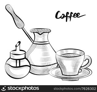 Coffee making ingredients and tools vector, isolated cezve and sugar container, cup with plate. Turkish pot for brewing caffeine beverages drinks sketch. Coffee Pot and Cup with Sugar Container Set Vector