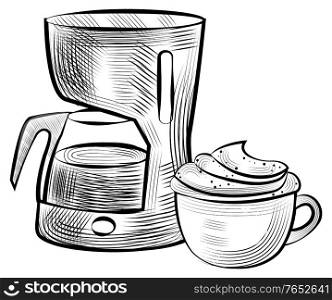 Coffee making machine and cup of hot beverage with foam vector, isolated monochrome sketch outline. Colorless mug with handle containing latte cappuccino. Cup with Coffee and Machine for Brewing Drink
