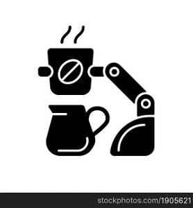 Coffee making robot black glyph icon. Robotic barista. Automated beverages brewing. Self-contained kiosk. Serving during pandemic. Silhouette symbol on white space. Vector isolated illustration. Coffee making robot black glyph icon