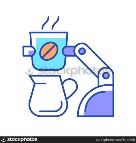 Coffee making robot RGB color icon. Robotic barista. Automated beverages brewing. Self-contained kiosk. Serving during coronavirus pandemic. Isolated vector illustration. Simple filled line drawing. Coffee making robot RGB color icon