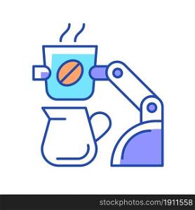 Coffee making robot RGB color icon. Robotic barista. Automated beverages brewing. Self-contained kiosk. Serving during coronavirus pandemic. Isolated vector illustration. Simple filled line drawing. Coffee making robot RGB color icon