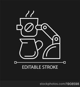 Coffee making robot white linear icon for dark theme. Robotic barista. Automated drinks brewing. Thin line customizable illustration. Isolated vector contour symbol for night mode. Editable stroke. Coffee making robot white linear icon for dark theme