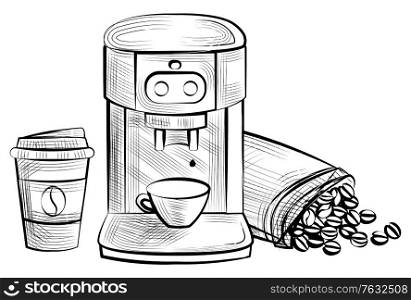 Coffee making vector, monochrome sketch outline. Dispenser bag with beans, plastic cup with beverage containing caffeine, pot with energizing drink. Coffee Machine and Plastic Cup with Bean Logo