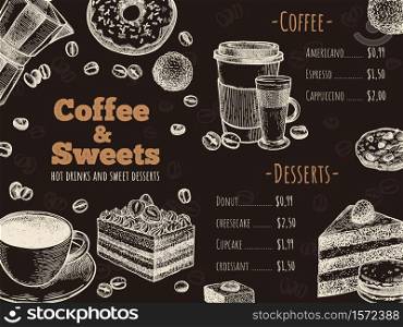 Coffee menu. Coffee house, bar or cafe menu design template, hot drinks, desserts and cakes, sketch advertising flyer vector illustration. Donut, cheesecake and cookies, takeaway cup for latte. Coffee menu. Coffee house, bar or cafe menu design template, hot drinks, desserts and cakes, sketch advertising flyer vector illustration