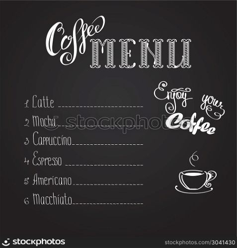 coffee menu. coffee menu on black background, vector illustration. coffee menu
