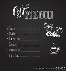 coffee menu. coffee menu on black background, vector illustration. coffee menu