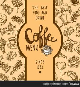 Coffee menu label with drink cups mugs and dessert on background vector illustration