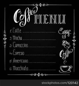 coffee menu on black background, vector illustration. coffee menu on black background