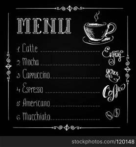 coffee menu on black background, vector illustration. coffee menu on black background