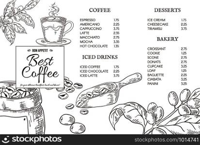 Coffee menu quotes. Hand drawn retro coffee elements for cafe poster. Vector graphic creative design template for restaurant or bar menus with espresso. Coffee menu quotes. Hand drawn coffee elements for cafe poster. Vector graphic design template for restaurant or bar menus with espresso
