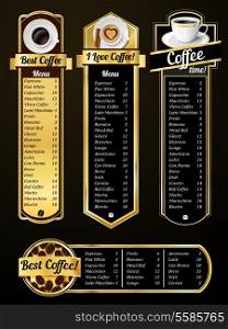 Coffee menu templates with espresso cappuccino latte positions vector illustration