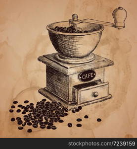 Coffee mill. Hand drawn illustration. Color can be changed in one click. Coffee mill. Hand drawn illustration.
