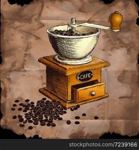 Coffee mill. Hand drawn illustration. Color can be changed in one click. Coffee mill. Hand drawn illustration.
