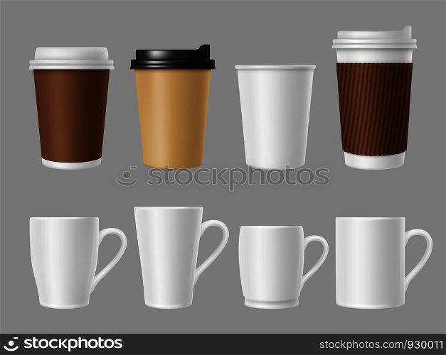 Coffee mockup cups. Blank white and brown mugs for hot coffee. Realistic vector template of paper and ceramic cups. Coffee mug and cup drink, hot espresso beverage illustration. Coffee mockup cups. Blank white and brown mugs for hot coffee. Realistic vector template of paper and ceramic cups