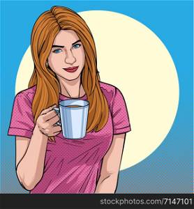 Coffee morning Young girl A beautiful woman drinking coffee in the morning Illustration vector On pop art comic style Colorful soft background