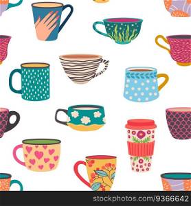 Coffee mug seamless pattern. Trendy hand drawn tea cups with ornaments and flowers. Cozy cafe hot drinks in mugs wallpaper vector texture. Illustration coffee and tea seamless pattern. Coffee mug seamless pattern. Trendy hand drawn tea cups with ornaments and flowers. Cozy cafe hot drinks in mugs wallpaper vector texture