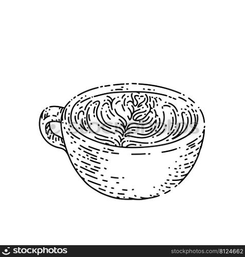 coffee mug with cream pattern sketch hand drawn vector latte cup, cappuccino milk, hot cream foam vintage black line illustration. coffee mug with cream pattern sketch hand drawn vector
