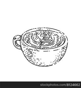coffee mug with cream pattern sketch hand drawn vector latte cup, cappuccino milk, hot cream foam vintage black line illustration. coffee mug with cream pattern sketch hand drawn vector