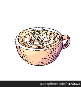 coffee mug with cream pattern sketch hand drawn vector latte cup, cappuccino milk, hot cream foam vintage color line illustration. coffee mug with cream pattern sketch hand drawn vector
