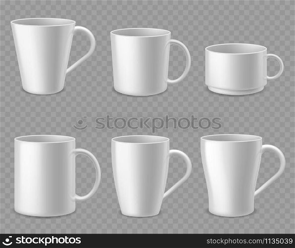 Coffee mugs. Realistic white ceramic mug mockup for espresso, cappuccino and tea, simple shape of porcelain cups, isolated 3d vector template of bowl and teacup. Coffee mugs. Realistic white ceramic mug mockup for espresso, cappuccino and tea, simple shape of porcelain cups, isolated 3d vector template