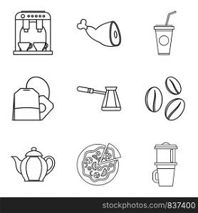Coffee on street icons set. Outline set of 9 coffee on street vector icons for web isolated on white background. Coffee on street icons set, outline style