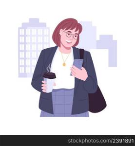 Coffee on the way isolated cartoon vector illustrations. Young woman holding phone, waking and drinking coffee, people lifestyle, on the way to work, morning rituals vector cartoon.. Coffee on the way isolated cartoon vector illustrations.