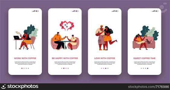 Coffee onboard screen. Trendy mobile application UI with cartoon characters drinking coffee and speaking. Vector web app template happy couple business mates in cafe. Coffee onboard screen. Trendy mobile application UI with cartoon characters drinking coffee and speaking. Vector web app template