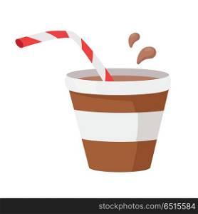 Coffee or cocoa vector. Flat design. Fast food. Refreshing hot drink in paper cup with straw. For food concepts, diet infographics, icons or web design, street restaurants menu. Isolated on white. Coffee or Cocoa Vector Illustration in Flat Design. Coffee or Cocoa Vector Illustration in Flat Design