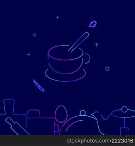 Coffee or tea cup and spoon gradient line vector icon, simple illustration on a dark blue background, kitchen related bottom border.. Coffee or tea cup and spoon gradient line icon, vector illustration