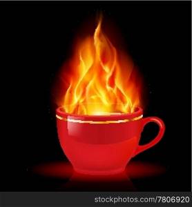 Coffee or tea cup with fire. Illustration on white background
