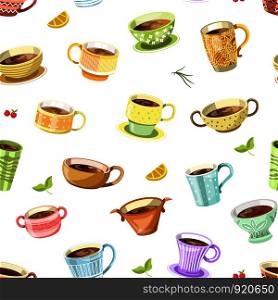 Coffee or tea poured in cup seamless pattern vector. Mug with drink, cherry berry with leaves. Cafeteria with americano and latte. Coffee or tea poured in cup seamless pattern vector.