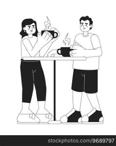 Coffee outing monochromatic flat vector characters. Friends in cafe. Drinking hot drinks. Editable thin line full body people on white. Simple bw cartoon spot image for web graphic design. Coffee outing monochromatic flat vector characters