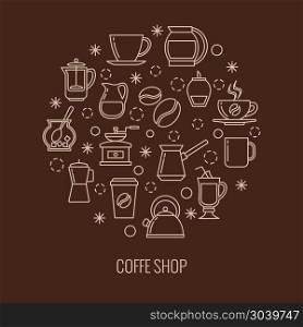 Coffee outline icons in circle design. Coffee outline icons in circle design. Trendy thin line logo for cafe. Aromatic of mug cappuccino or latte, vector illustration