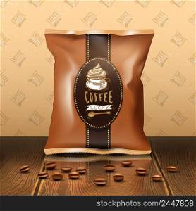 Coffee pack design with beans wooden table and wallpaper realistic vector illustration . Coffee Pack Design
