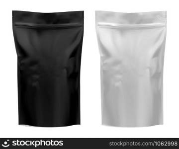 Coffee package. Foil bag mockup. Flour, tea paper pouch blank design. Black and white food product mock up. Realistic plastic 3d template for pasta. Dog chips snack silver sachet. Sack blank. Coffee package. Foil bag mockup. Flour, tea pouch