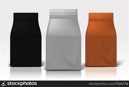 Coffee package. Realistic white black and brown zip package for flour pasta or sugar. Vector illustration blank food pack mockups for brand design made of paper or plastic. Coffee package. Realistic white black and brown zip package for flour pasta or sugar. Vector blank food pack mockups for brand design