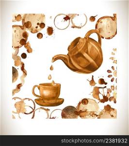 Coffee paint cup, splashes and harts isolated on background. Cup drawn pour coffee with splashes and blots.. Coffee vector paint cup, splashes and harts