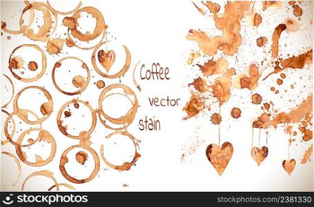 Coffee paint stains, splashes and harts isolated on white background. Coffee cup marks. Vector coffee set.. Coffee paint stains, splashes and harts