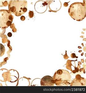 Coffee paint stains, splashes isolated on white background. Hand painted coffee background. Coffee frame. Coffee cup marks.