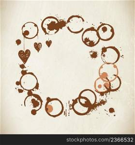 Coffee paint stains, splashes isolated on white background. Hand painted coffee background. Coffee vector frame. Coffee cup marks.