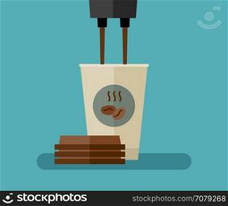 Coffee paper cup. Coffee is poured into paper cup. Flat illustration of coffee paper cup.