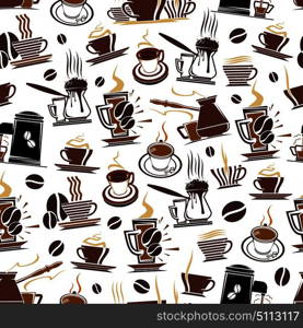 Coffee pattern background for coffeehouse or cafe. Vector seamless design of coffee makers, cups and beans, hot espresso, americano or cappuccino and chocolate mug for cafeteria. Vector pattern of coffee cups and beans