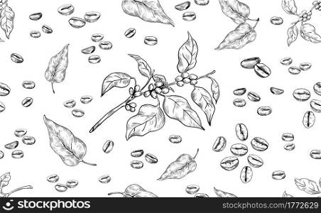 Coffee pattern. Hand drawn seamless texture of Arabica beans. Natural tree branch and leaves. Roasted aroma seeds. Black and white organic ingredient for preparation espresso drink. Vector background. Coffee pattern. Hand drawn seamless texture of Arabica beans. Tree branch and leaves. Roasted aroma seeds. Black and white ingredient for preparation espresso drink. Vector background