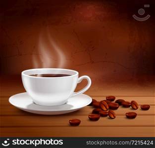 Coffee poster with realistic white porcelain cup on textured background vector illustration. Coffee Background Illustration