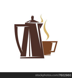 Coffee pot with hot cup of steaming drink isolated. Vector kettle and mug of tea or arabica. Cup of coffee or tea and kettle