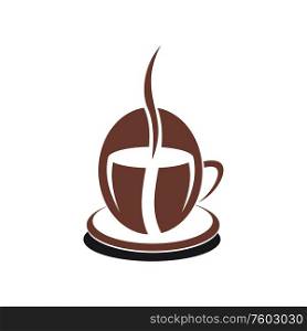 Coffee pot with hot cup of steaming drink isolated. Vector kettle and mug of tea or arabica. Cup of coffee or tea and kettle